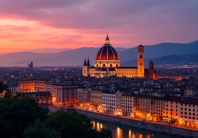 Veduta di Firenze medievale al crepuscolo